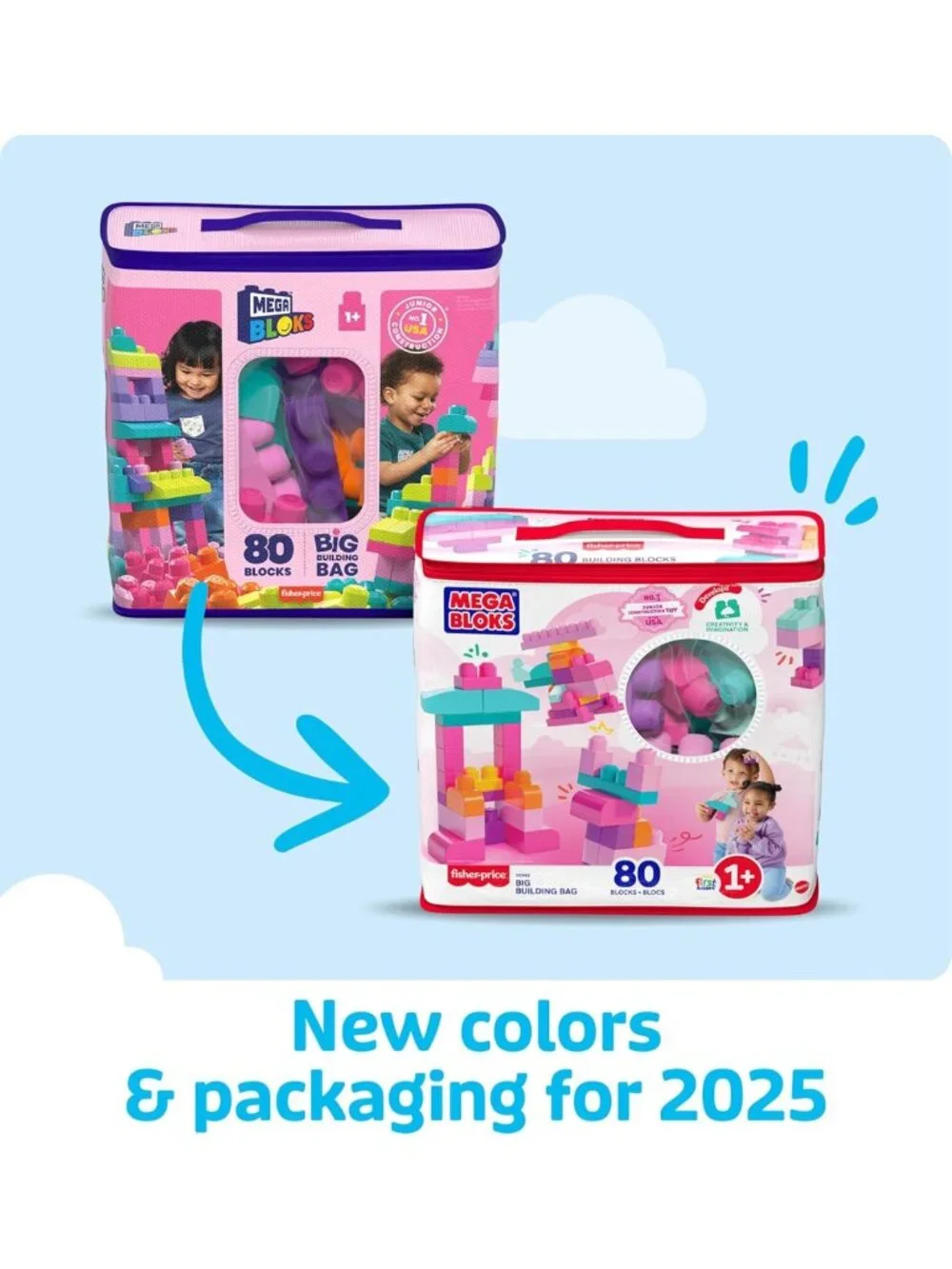 Toddler Building Blocks Set - 80-Piece Mega Bag, Pink Storage for Ages 1